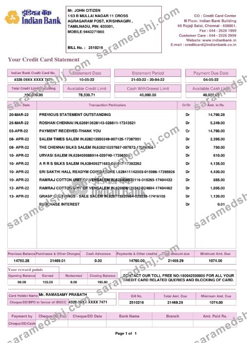 India Indian Bank statement template, Word and PDF format, 2 pages
